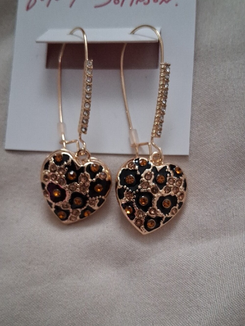 Betsey Johnson Gold Heart Dangle Earrings with Black and Amber Accents - Picture 2 of 3